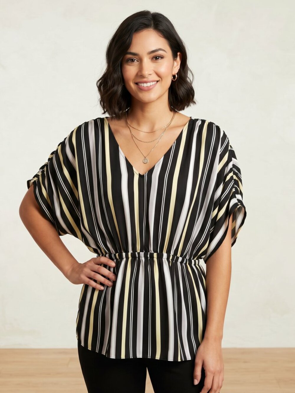 Cato Bold Striped Top Black Dolman Ruched Peplum Office Siren Glam Retro Size XL